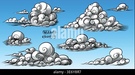 Manga or anime style clouds. Linear hand drawn illustration in traditional ink style. Stock Vector