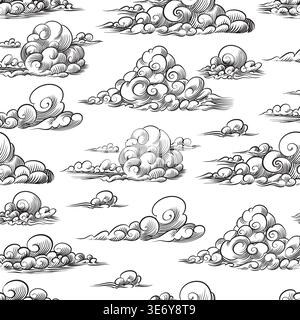 Manga or anime style clouds seamless pattern . Linear hand drawn illustration in traditional ink style. Stock Vector