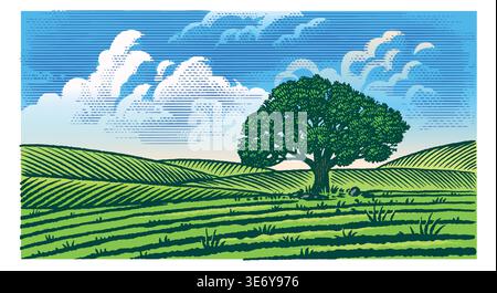 Beautiful rustic landscape with big old oak tree in the meadow. hills and fields for eco products, cheese, milk and other natural products. Hand drawn Stock Vector