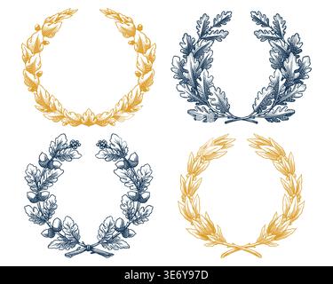 Vintage oak and laurel wreath in engraving style. Decorative element for award or emblems with luxury design. Engraving hand drawn in hatching and Stock Vector