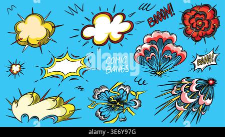 Hand drawn collection of a comic bangs, bursts and explosions in 50s 60s style. Traditional inking illustration. Stock Vector