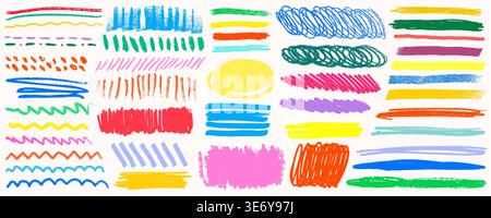 Crayon line highlight scribble box text underline set in bright red blue green yellow pink and purple on white background. Crayon line highlight Stock Vector