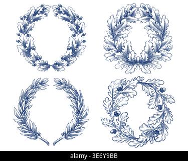 Vintage oak and laurel wreath in engraving style. Decorative element for award or emblems with luxury design. Engraving hand drawn in hatching and Stock Vector