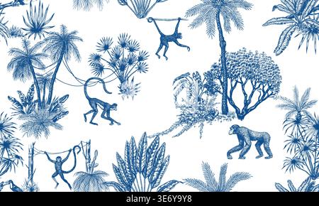 Toile de Jouy seamless pattern with original tropical plants palms and animals. Monkey and apes in tropical forest. Exotic trees and bushes perfect Stock Vector