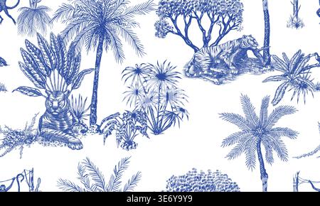 Toile de Jouy seamless pattern with tigers and monkeys. plants palms in tropical forest. Exotic trees and bushes perfect for textile and wallpaper Stock Vector