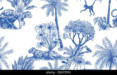 Toile de Jouy seamless pattern with tigers and monkeys. plants palms in tropical forest. Exotic trees and bushes perfect for textile and wallpaper Stock Vector