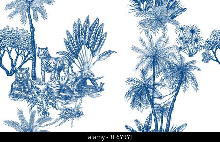 Toile de Jouy seamless pattern with tigers and monkeys. plants palms in tropical forest. Exotic trees and bushes perfect for textile and wallpaper Stock Vector