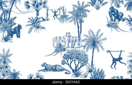 Toile de Jouy seamless pattern with tigers and monkeys. plants palms in tropical forest. Exotic trees and bushes perfect for textile and wallpaper Stock Vector