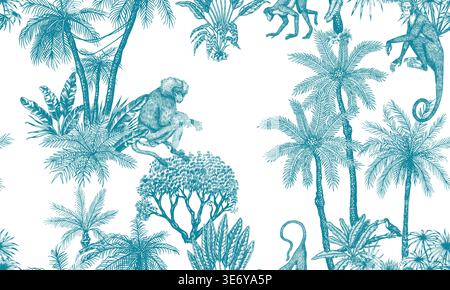 Toile de Jouy seamless pattern with original tropical plants palms and animals. Monkey and apes in tropical forest. Exotic trees and bushes perfect Stock Vector