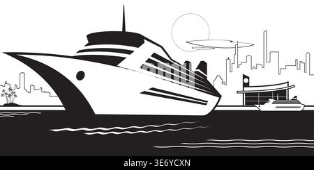 Cruise ship sails from the city port – vector illustration Stock Vector