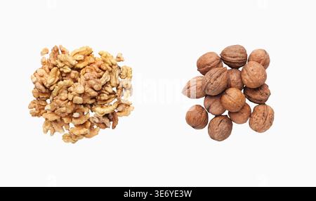 Peeled and unpeeled walnuts isolated on white Stock Photo