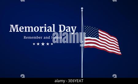American memorial day background with US flag and remember and honor text. Half-staff of the American flag. Stock Vector