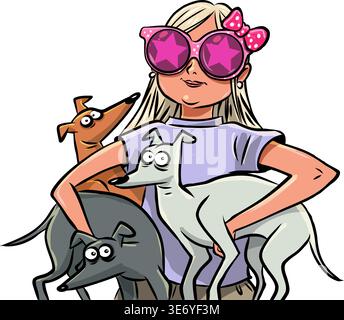 Pop Art Retro A girl with dogs. Offers for dog owners at pet stores. Pet-friendly cafes and restaurants. Stock Vector