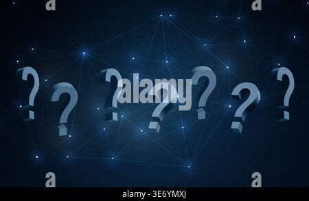 Question marks and plexus pattern on blue background Stock Photo