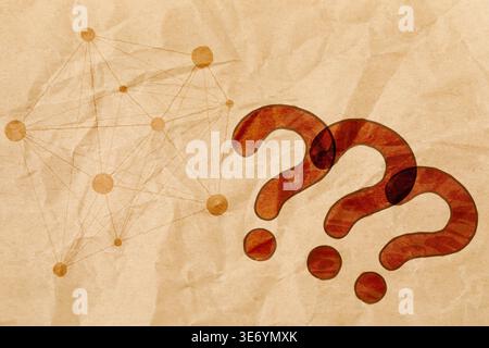 Question marks and plexus pattern on crumpled paper Stock Photo