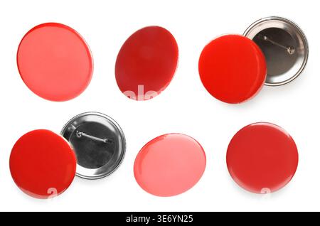 Many red button badges isolated on white, set Stock Photo