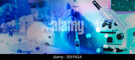 Biochemistry research. Scientists working in laboratory, multiple exposure with molecules and microscope Stock Photo