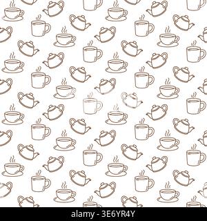 Seamless pattern with mugs, teacups and teapots on white background. Minimal brown outline vector print. Stock Vector