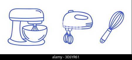Mixing appliances set with stand mixer, hand mixer and whisk illustrations. Blue line vector icons on white background. Stock Vector