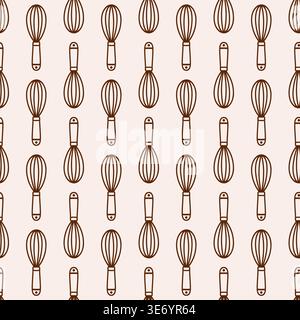 Seamless pattern with whisks on beige background. Minimal brown outline vector Print Stock Vector