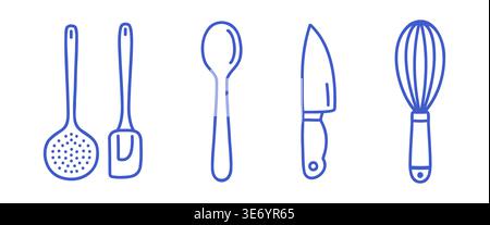 Kitchen utensil set with skimmer spoon, spatula, spoon, chef knife and whisk. Blue line vector icons on white background. Stock Vector