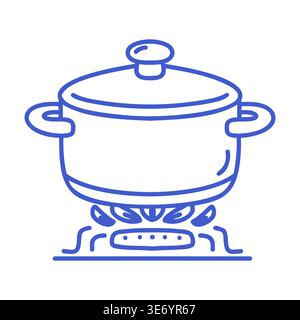 Cooking pot on gas stove in linear vector icon style. Hand drawn icon of Cooking process. Outline vector isolated illustration.  Stock Vector