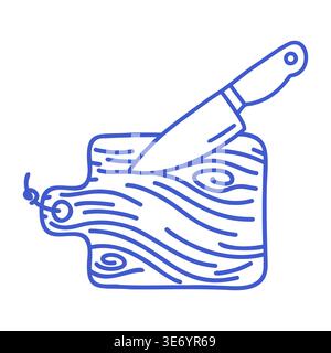 Knife on cutting board in minimal outline illustration style. Hand drawn icon of Cooking process. Outline vector isolated illustration.  Stock Vector