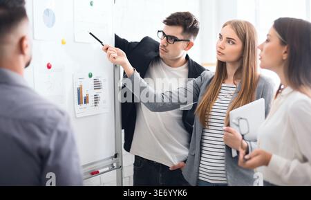 Businesswoman presenting work results on whiteboard in office Stock Photo