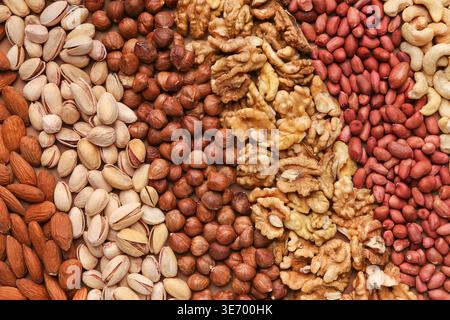 Texture of assorted nuts in rows, closeup Stock Photo