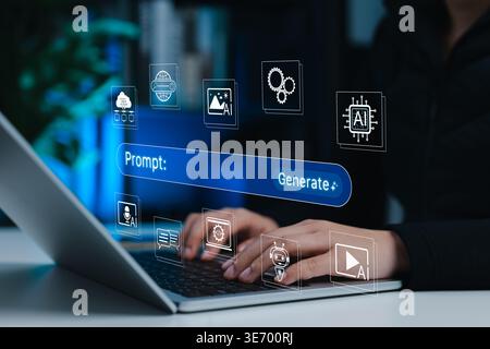 Prompt Engineering and AI Content Generation Concept. Person using laptop with prompt, AI, media, chatbot, and automation icons representing content Stock Photo