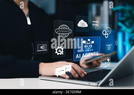 AI Agents and Intelligent Automation Concept. Woman using laptop with virtual AI, chatbot, search, analytics, workflow icons smart automate Stock Photo