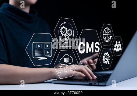 CMS Management and Digital Content Concept. Woman using laptop with virtual CMS, media, cloud, workflow, optimization icons representing website Stock Photo