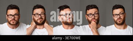 Collage of young man in glasses facial expressions Stock Photo