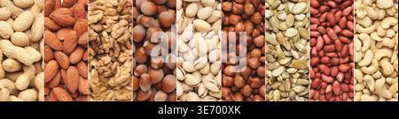 Variety of Nuts Displayed in a Collage Showing Different Types and Textures of Nuts in a Collection Stock Photo