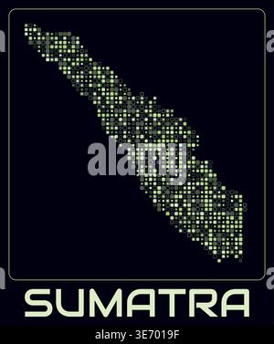 Sumatra digital style map. Small rounded square dots on dark background. Dotted shape of the island. Sumatra map and title. Stock Vector