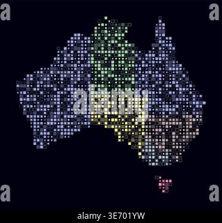 Australia, shape of the country built of colored cells. Digital style map of Australia on a dark background. Small-sized square blocks. Stock Vector