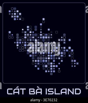 Cat Ba Island digital style map. Large rounded square dots on dark background. Dotted shape of the island. Vector map and title. Stock Vector