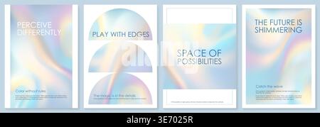 Poster gradient bg with neutral bling, iridescent watercolor book cover. Pink blue blurry rainbow of hologram backdrop in abstract geometric shapes la Stock Vector