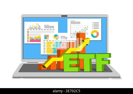Laptop displaying ETF growth, financial charts, and investment data Stock Photo