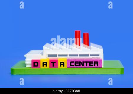 Data center building model with DATA CENTER spelled out in colorful blocks Stock Photo