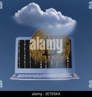 Concept image for cloud computing and mobile money services using bitcoin and blockchain applications on laptop Stock Photo