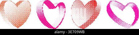 Pixel halftone heart collection. Bitmap heart-shaped design elements for sticker, collage, banner, poster, collage. Red and pink dither 3d rasterized hearts set. Retro Y2K 8 bit effect bundle. Vector Stock Vector