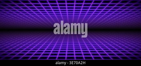 Purple glow neon wireframe background. Dark shining checkered grid floor plane in perspective. Bright retro futuristic horizon wallpaper. Arcade game sci fi matrix landscape surface. Vector backdrop Stock Vector