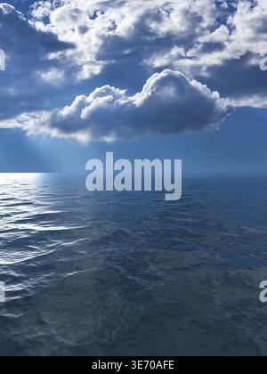 Background of stormy sky with sunrays between clouds reflected in smooth wavy ocean to illustrate flooding or climate change Stock Photo