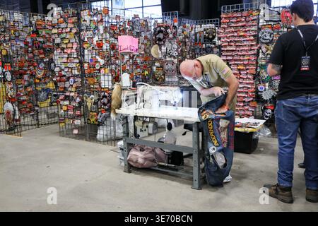 Scottsdale, USA. 08th Apr, 2026. Items for sale in the Steele Garage at the 29th Annual Arizona Bike Week 2026 at Westworld in Scottsdale, Arizona on April 8, 2026. Arizona Bike Week is the Southwest's largest motorcycle rally; this five-day festival is a massive gathering built around motorcycle culture. (Photo By: Alexandra Buxbaum/Sipa USA) Credit: Sipa USA/Ģ����ý Live News Stock Photo