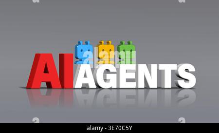 AI AGENTS text with colorful robot heads on a reflective surface representing automation Stock Photo