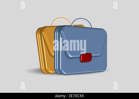 Two stylized 3d render briefcases in blue and gold color on a grey background Stock Photo