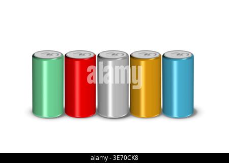 Five colorful aluminum cans displaying various beverage packaging mockups on white background Stock Photo