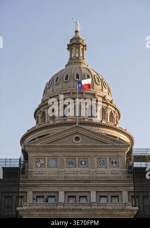 Detail of the dome of the Texas State Capitol building in Austin with renovation underway with scaffolding Stock Photo