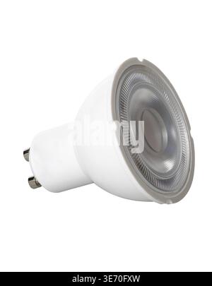Isolated cutout LED spotlight bulb with UK GU10 fitting and set against white background Stock Photo